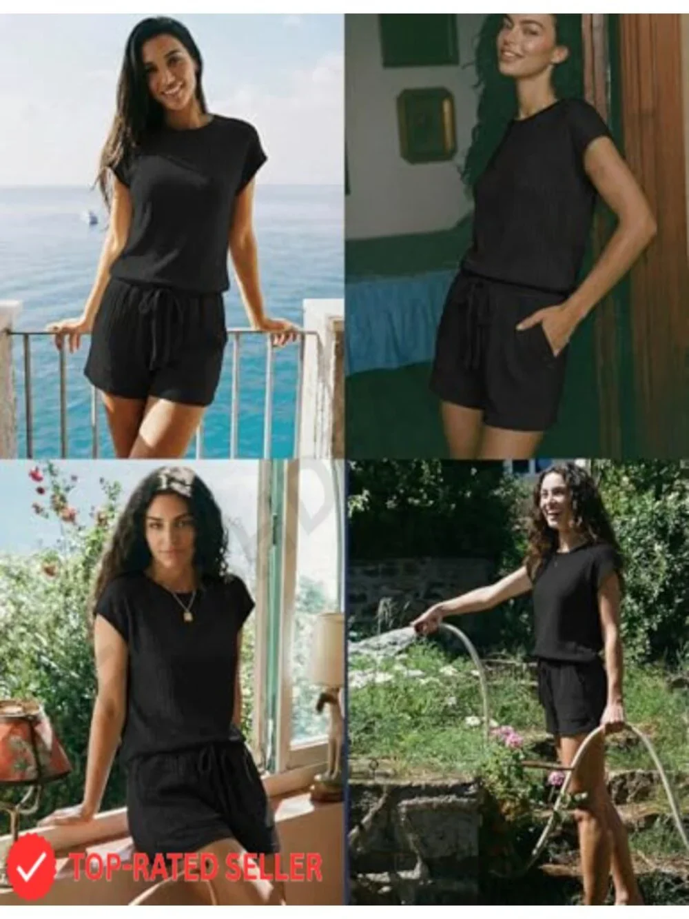 Womens Cap Sleeve Romper Summer Casual Jumpsuit Wide Leg with Pockets